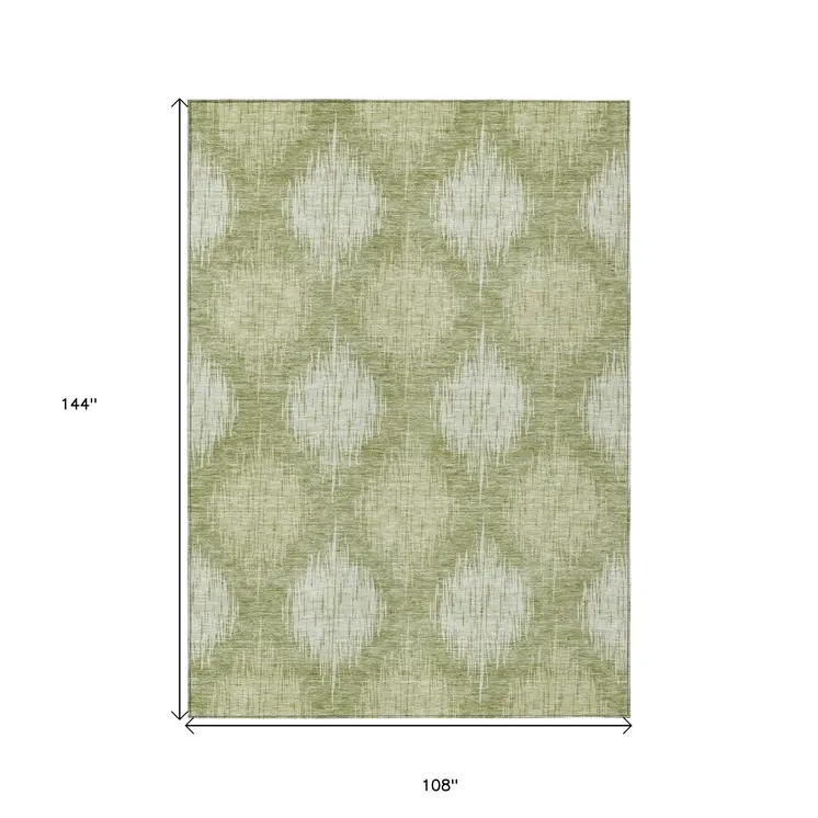 9' X 12' Artichoke Green And Fern Green Ikat Washable Indoor Outdoor Area Rug