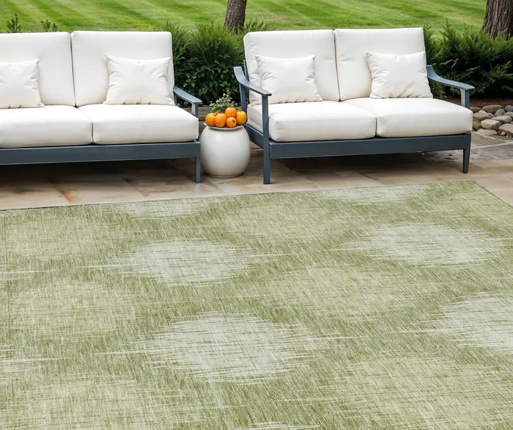9' X 12' Artichoke Green And Fern Green Ikat Washable Indoor Outdoor Area Rug