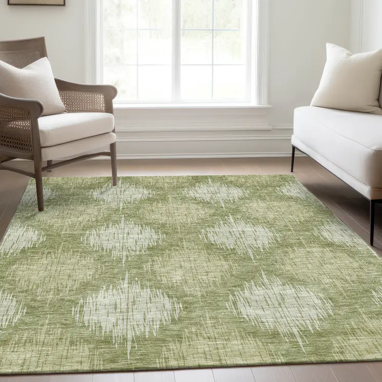 9' X 12' Artichoke Green And Fern Green Ikat Washable Indoor Outdoor Area Rug