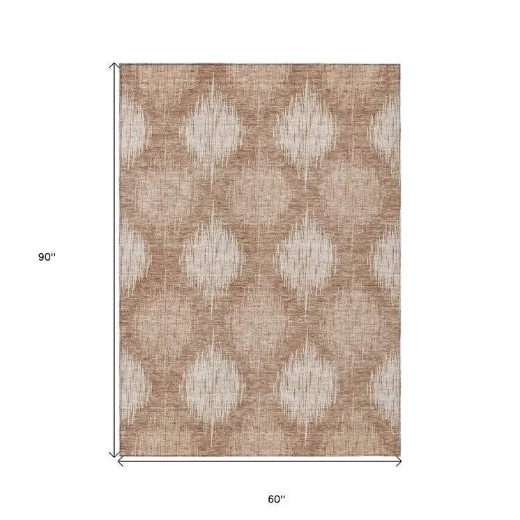 5' X 8' Coral And Terra Cotta Ikat Washable Indoor Outdoor Area Rug