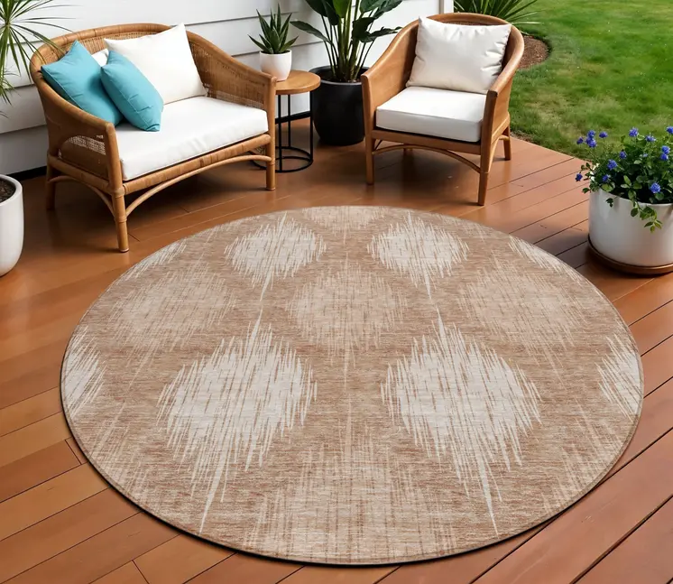 8' Coral And Terra Cotta Round Ikat Washable Indoor Outdoor Area Rug