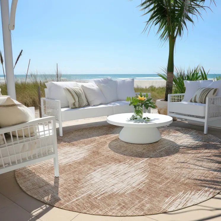 8' Coral And Terra Cotta Round Ikat Washable Indoor Outdoor Area Rug