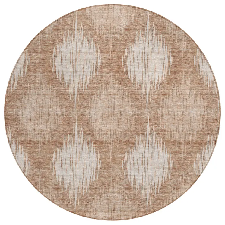 8' Coral And Terra Cotta Round Ikat Washable Indoor Outdoor Area Rug