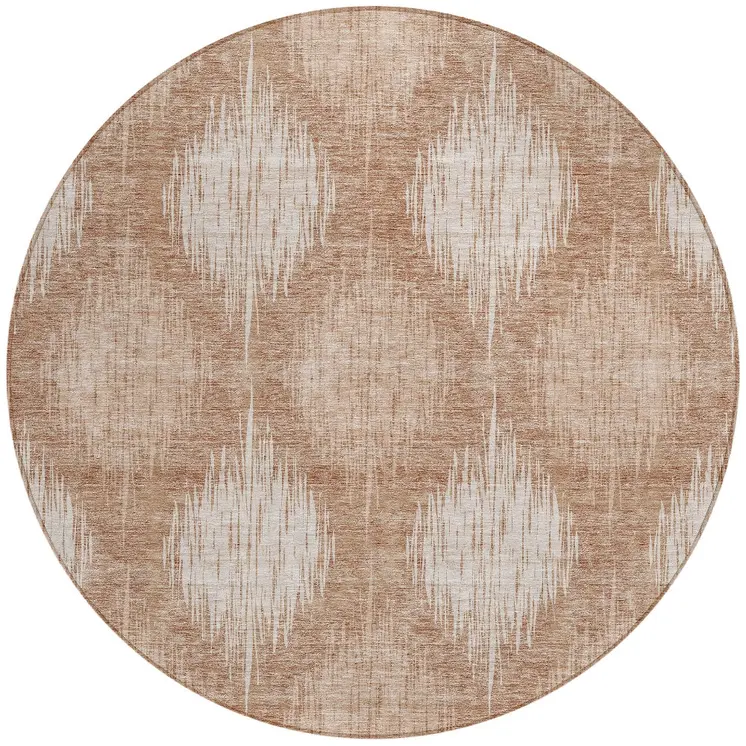 8' Coral And Terra Cotta Round Ikat Washable Indoor Outdoor Area Rug