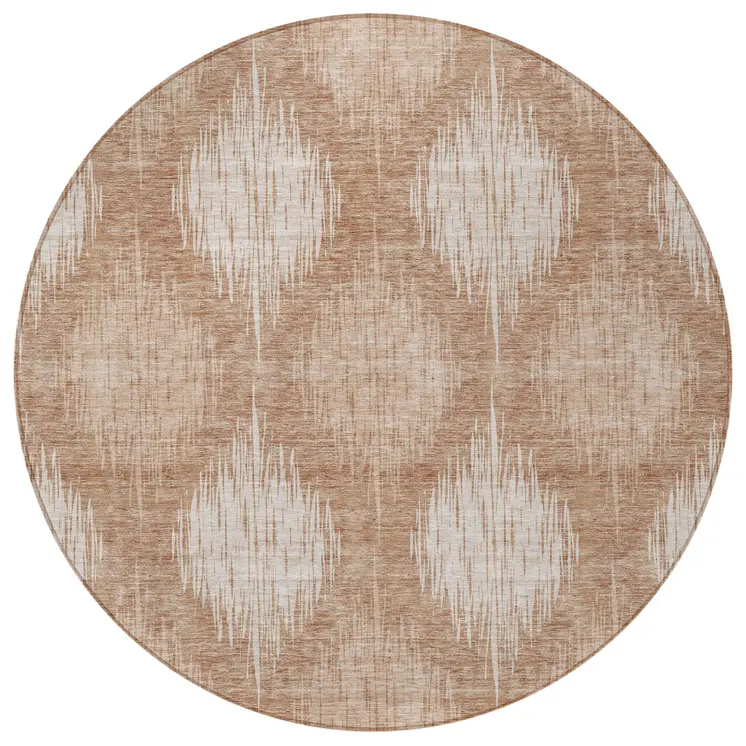 8' Coral And Terra Cotta Round Ikat Washable Indoor Outdoor Area Rug