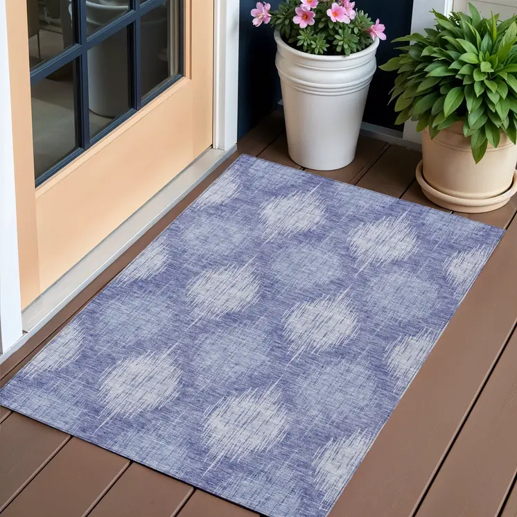 3' X 5' Denim Blue And Sky Blue Ikat Washable Indoor Outdoor Area Rug