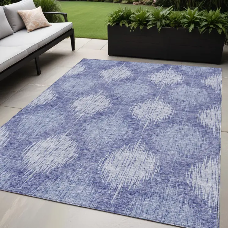 5' X 8' Denim Blue And Sky Blue Ikat Washable Indoor Outdoor Area Rug