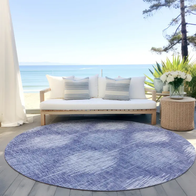 8' Denim Blue And Sky Blue Round Ikat Washable Indoor Outdoor Area Rug