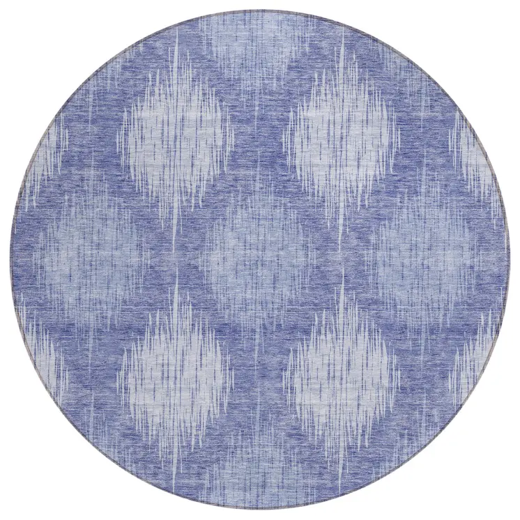 8' Denim Blue And Sky Blue Round Ikat Washable Indoor Outdoor Area Rug