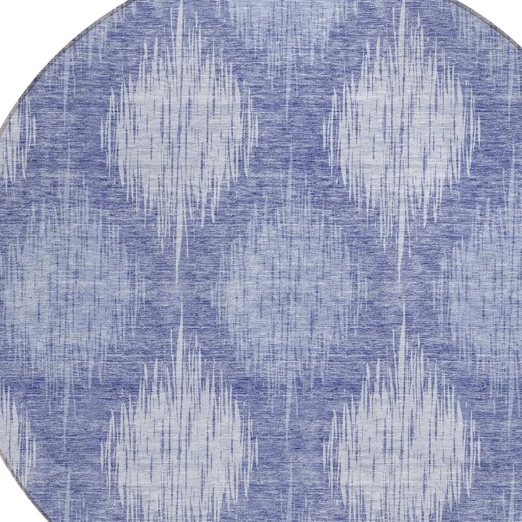8' Denim Blue And Sky Blue Round Ikat Washable Indoor Outdoor Area Rug