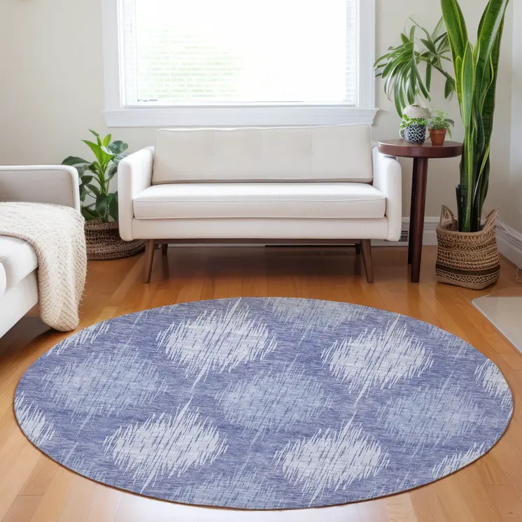 8' Denim Blue And Sky Blue Round Ikat Washable Indoor Outdoor Area Rug