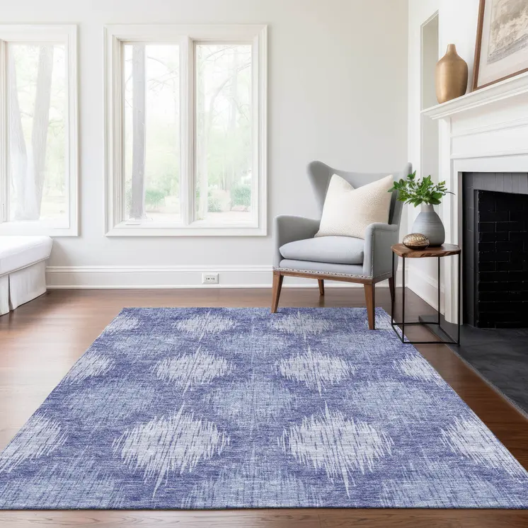 8' X 10' Denim Blue And Sky Blue Ikat Washable Indoor Outdoor Area Rug