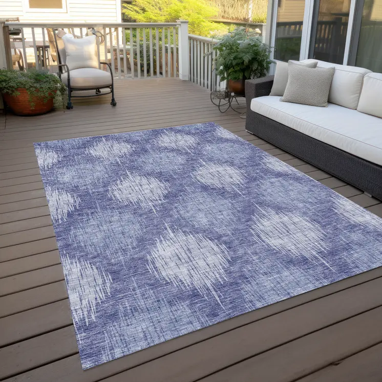 9' X 12' Denim Blue And Sky Blue Ikat Washable Indoor Outdoor Area Rug