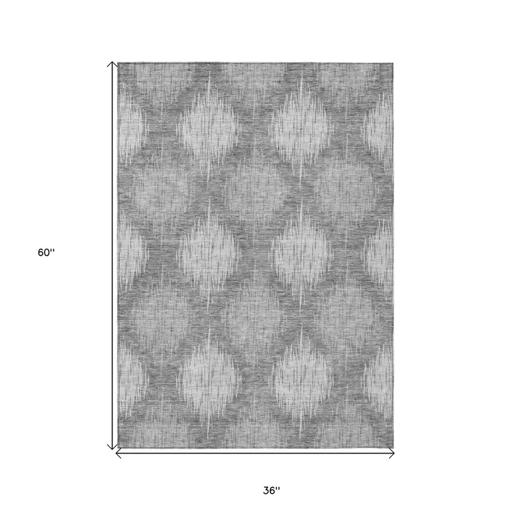 3' X 5' Gray Silver And Charcoal Ikat Washable Indoor Outdoor Area Rug