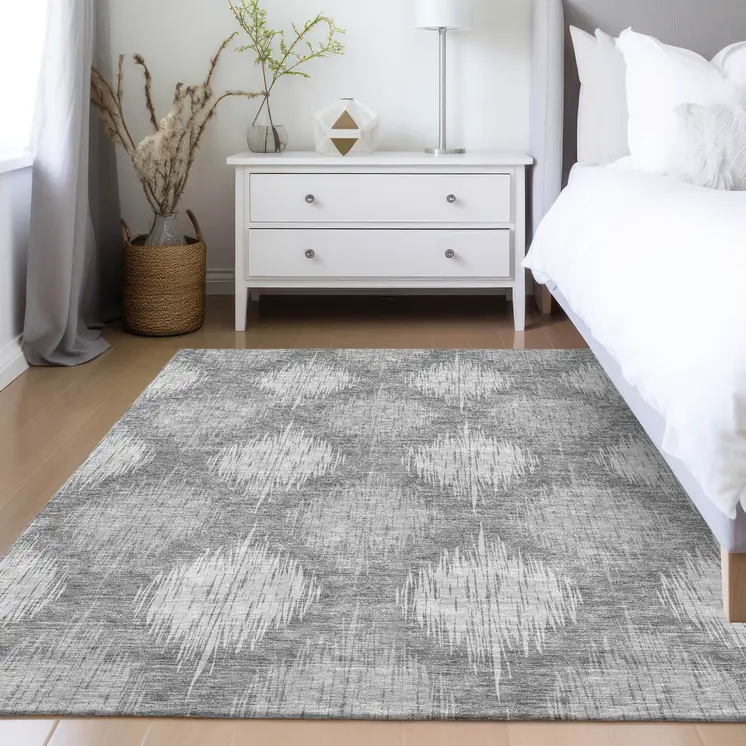 3' X 5' Gray Silver And Charcoal Ikat Washable Indoor Outdoor Area Rug