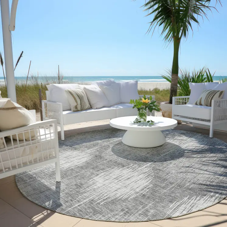 8' Gray Silver And Charcoal Round Ikat Washable Indoor Outdoor Area Rug