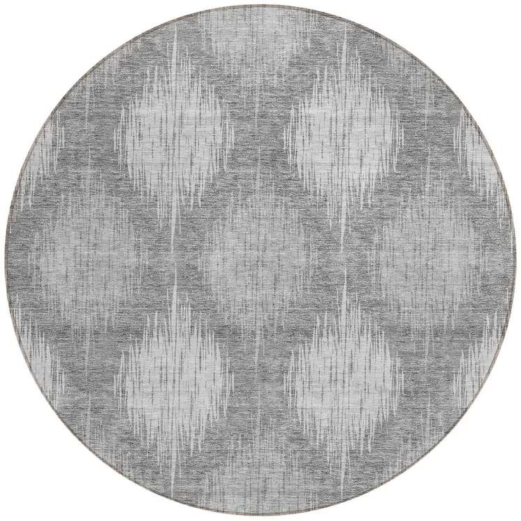 8' Gray Silver And Charcoal Round Ikat Washable Indoor Outdoor Area Rug