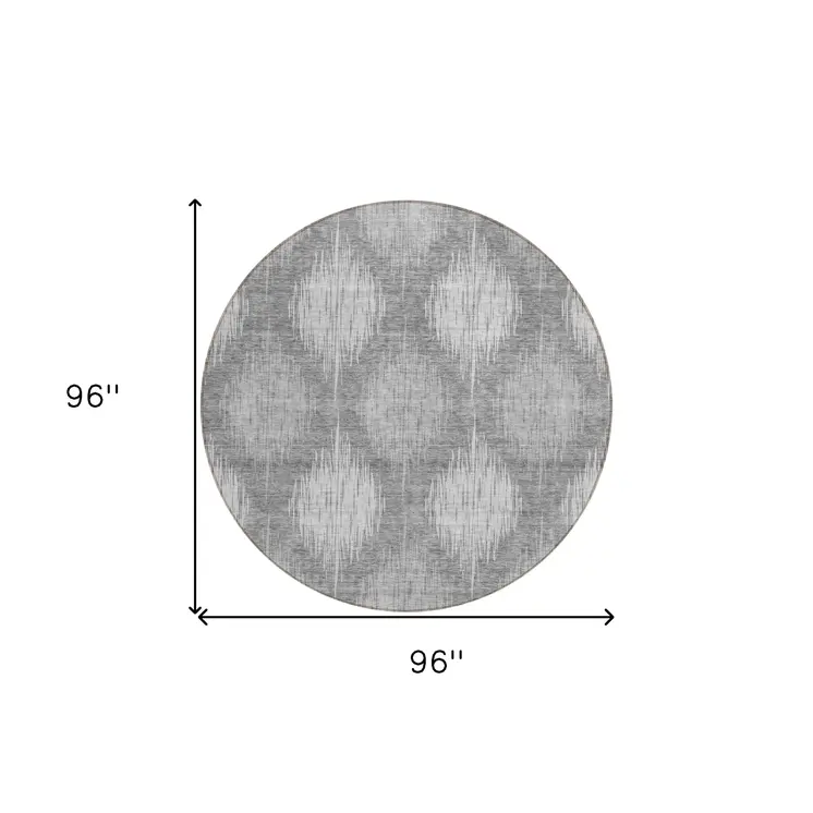 8' Gray Silver And Charcoal Round Ikat Washable Indoor Outdoor Area Rug