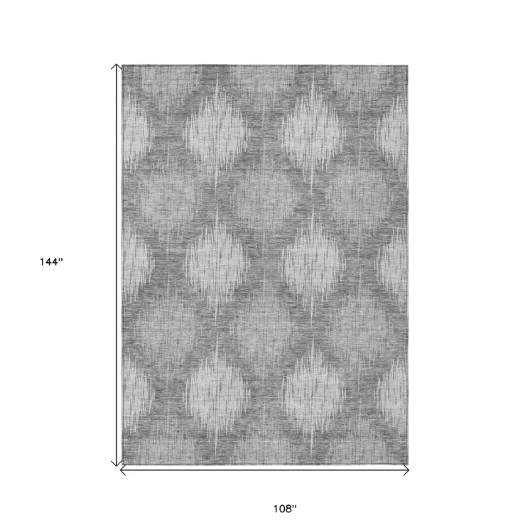 9' X 12' Gray Silver And Charcoal Ikat Washable Indoor Outdoor Area Rug