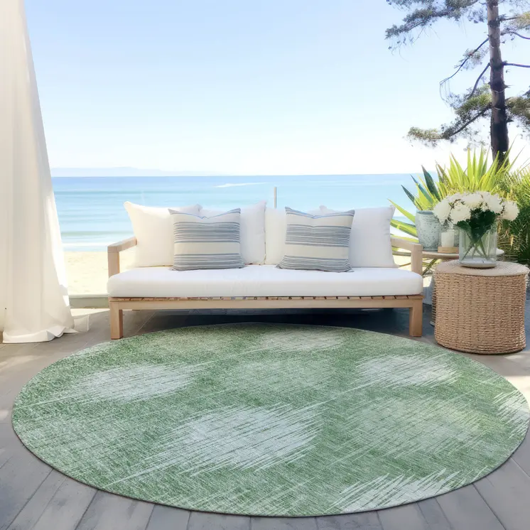 8' Mint Green And Fern Green Round Ikat Washable Indoor Outdoor Area Rug