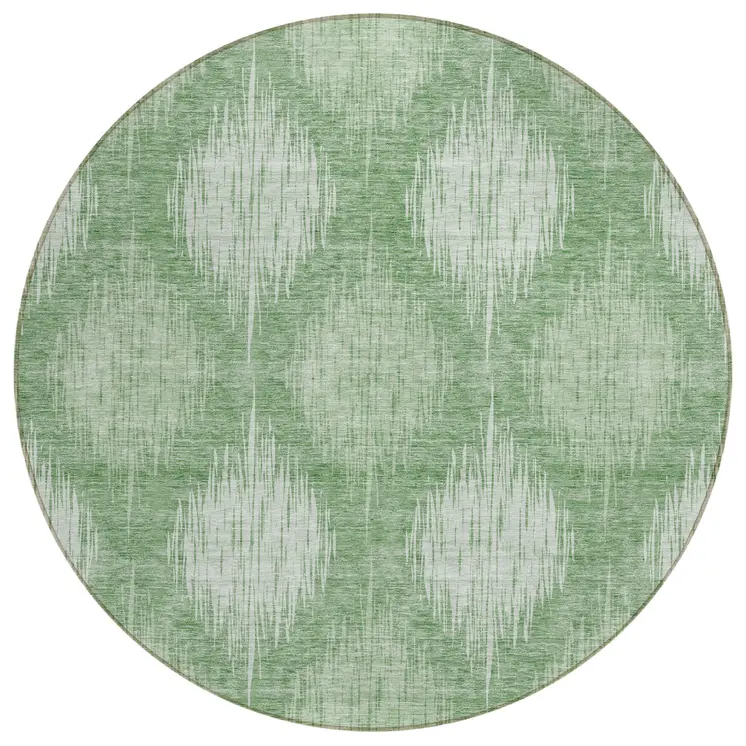 8' Mint Green And Fern Green Round Ikat Washable Indoor Outdoor Area Rug
