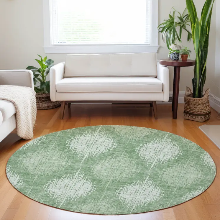 8' Mint Green And Fern Green Round Ikat Washable Indoor Outdoor Area Rug