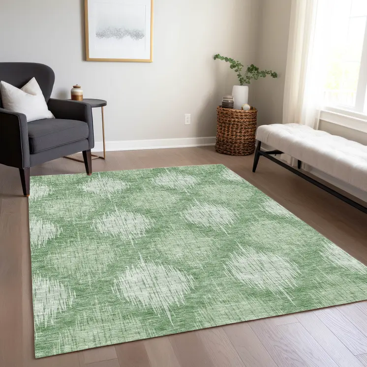8' X 10' Mint Green And Fern Green Ikat Washable Indoor Outdoor Area Rug
