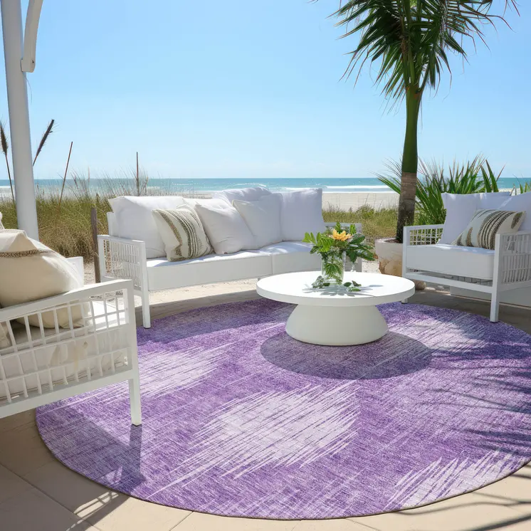 8' Plum Purple And Lavender Round Ikat Washable Indoor Outdoor Area Rug