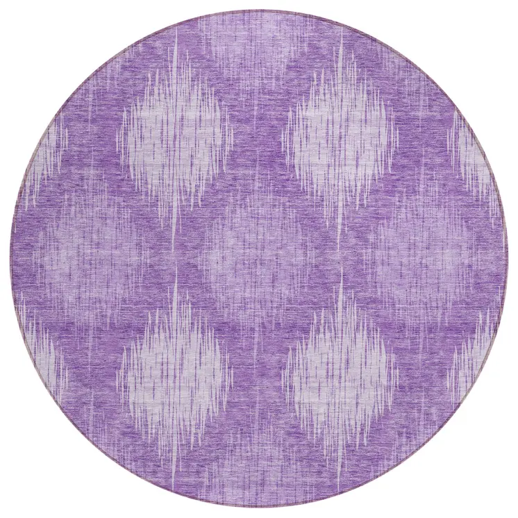8' Plum Purple And Lavender Round Ikat Washable Indoor Outdoor Area Rug