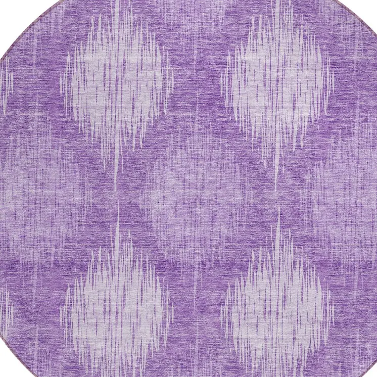 8' Plum Purple And Lavender Round Ikat Washable Indoor Outdoor Area Rug