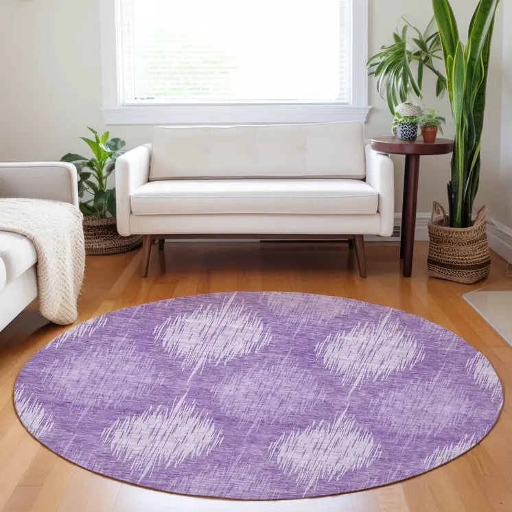 8' Plum Purple And Lavender Round Ikat Washable Indoor Outdoor Area Rug