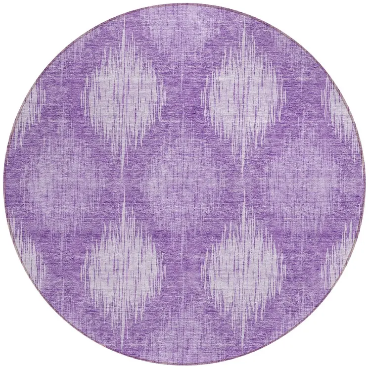 8' Plum Purple And Lavender Round Ikat Washable Indoor Outdoor Area Rug
