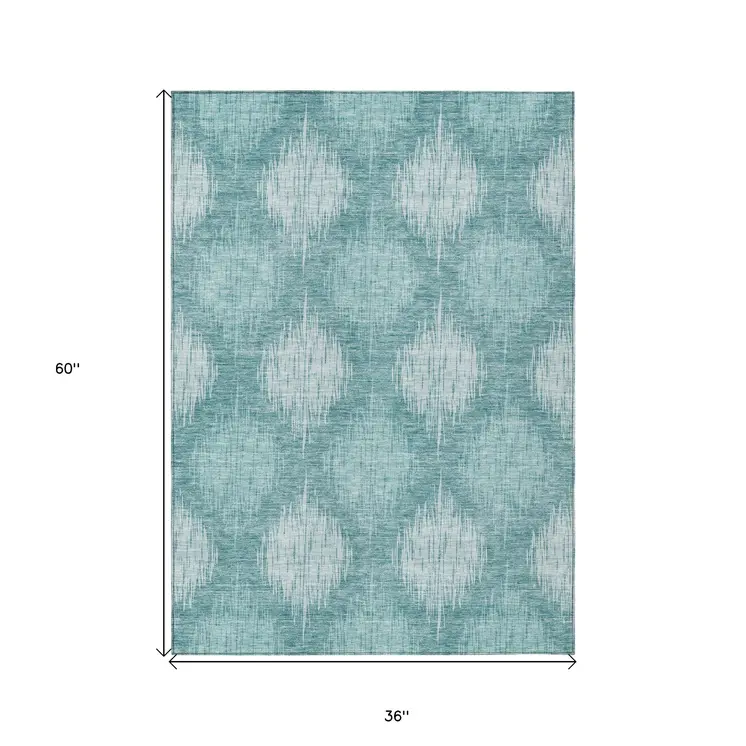 3' X 5' Teal Blue And Mint Green Ikat Washable Indoor Outdoor Area Rug