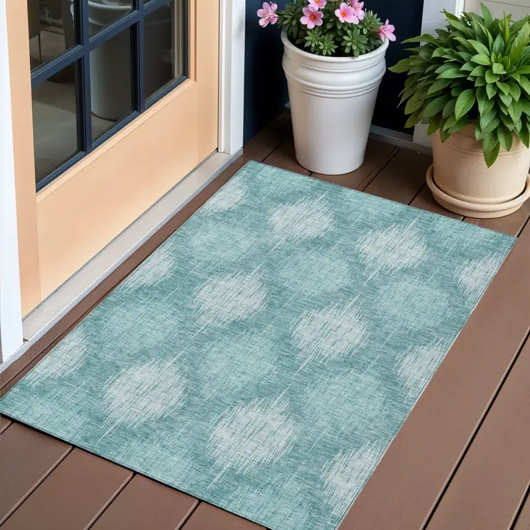 3' X 5' Teal Blue And Mint Green Ikat Washable Indoor Outdoor Area Rug
