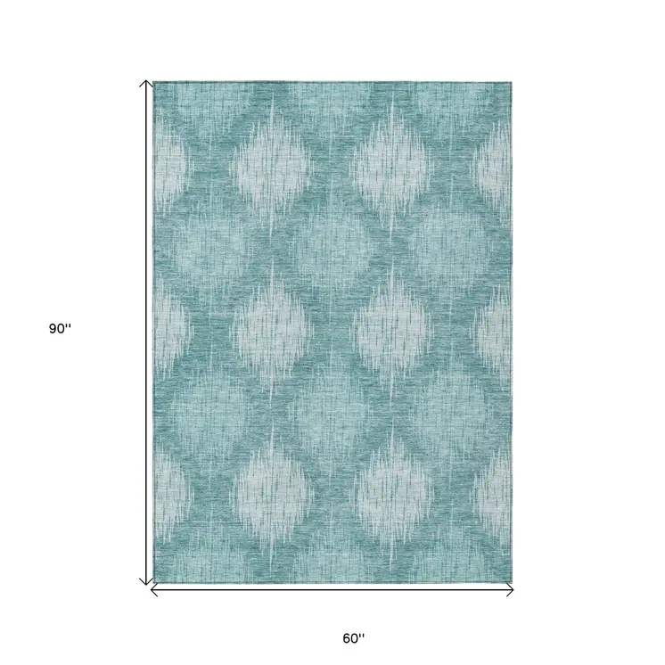 5' X 8' Teal Blue And Mint Green Ikat Washable Indoor Outdoor Area Rug