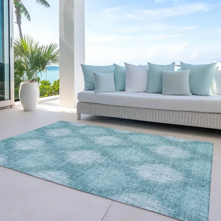 5' X 8' Teal Blue And Mint Green Ikat Washable Indoor Outdoor Area Rug