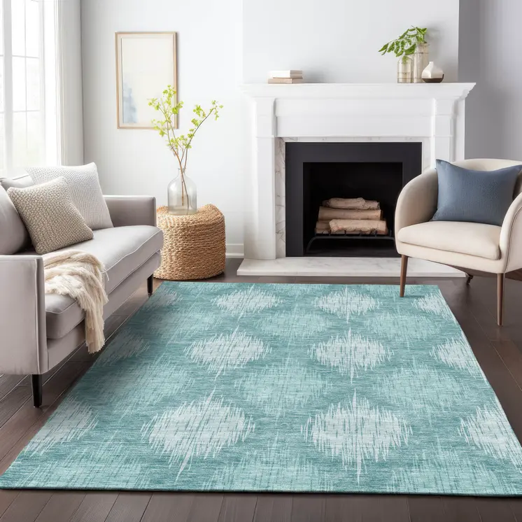 5' X 8' Teal Blue And Mint Green Ikat Washable Indoor Outdoor Area Rug