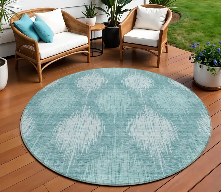 8' Teal Blue And Mint Green Round Ikat Washable Indoor Outdoor Area Rug