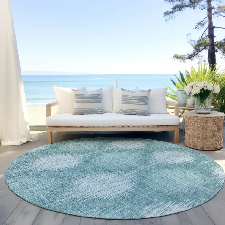 8' Teal Blue And Mint Green Round Ikat Washable Indoor Outdoor Area Rug