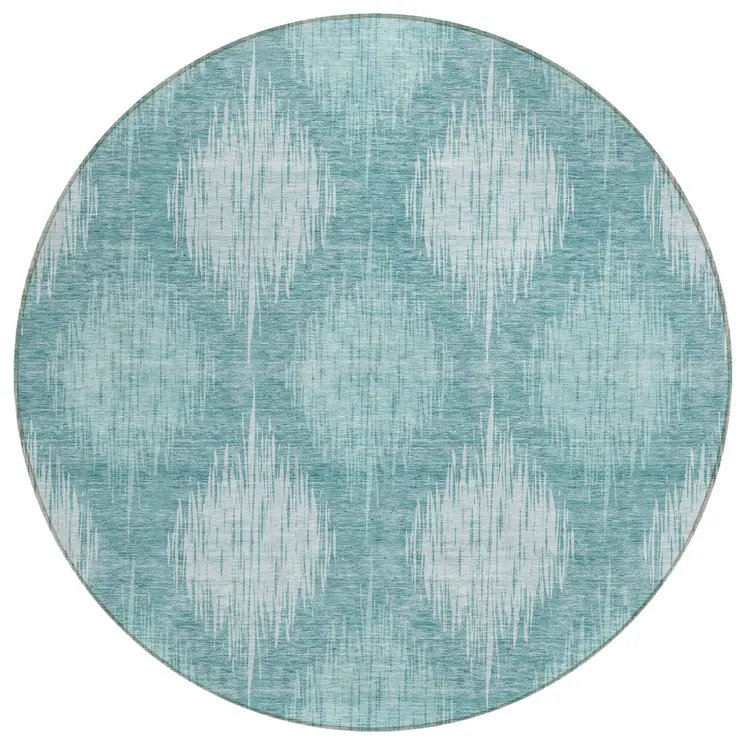 8' Teal Blue And Mint Green Round Ikat Washable Indoor Outdoor Area Rug
