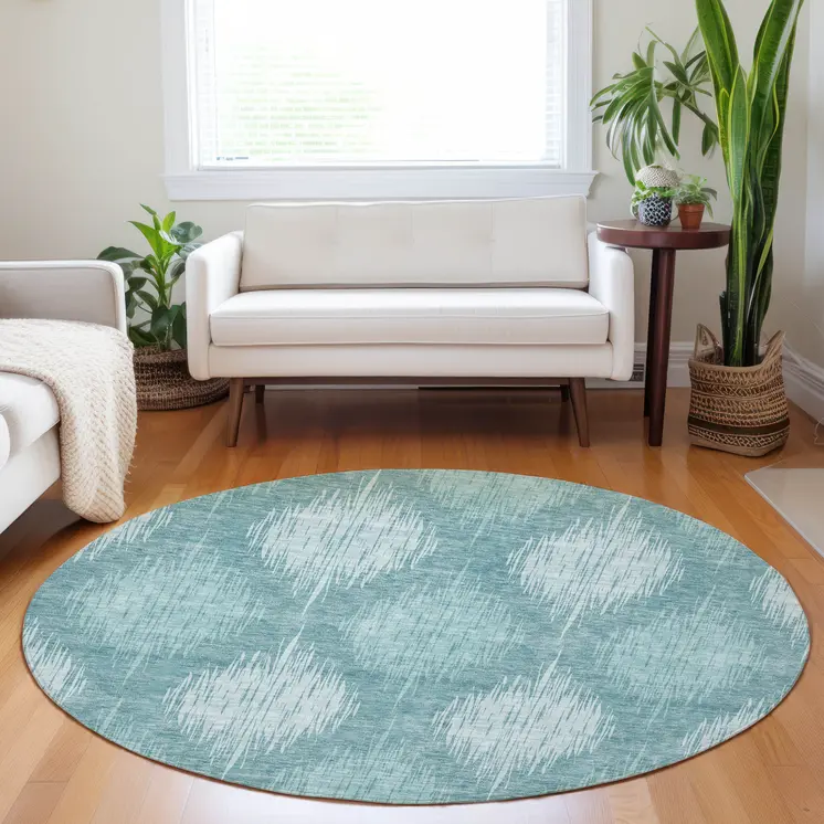 8' Teal Blue And Mint Green Round Ikat Washable Indoor Outdoor Area Rug