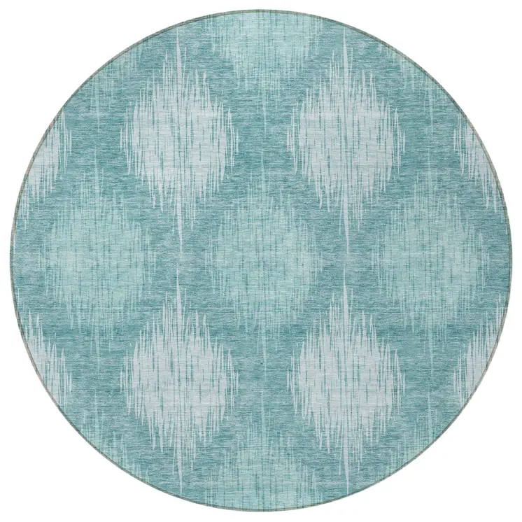 8' Teal Blue And Mint Green Round Ikat Washable Indoor Outdoor Area Rug