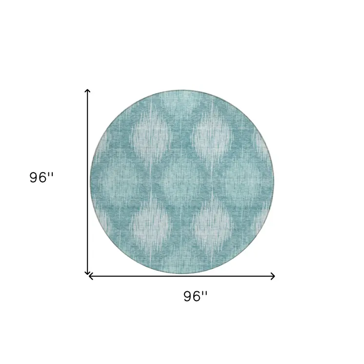 8' Teal Blue And Mint Green Round Ikat Washable Indoor Outdoor Area Rug