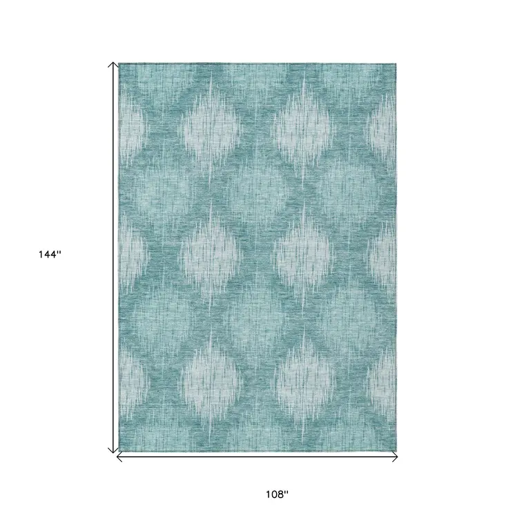 9' X 12' Teal Blue And Mint Green Ikat Washable Indoor Outdoor Area Rug