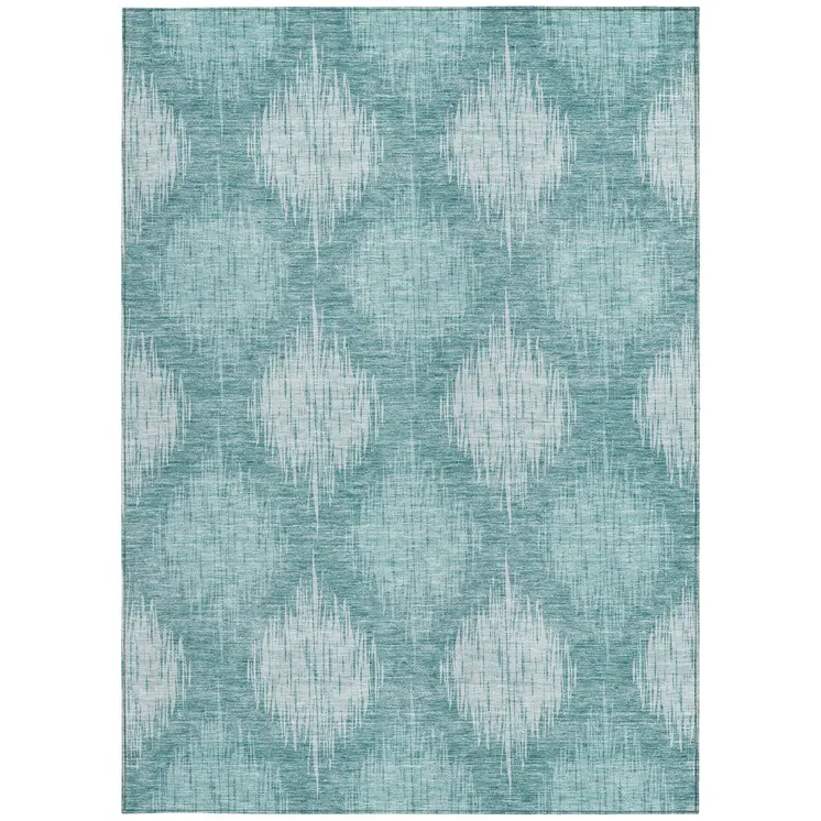 10' X 14' Teal Blue And Mint Green Ikat Washable Indoor Outdoor Area Rug
