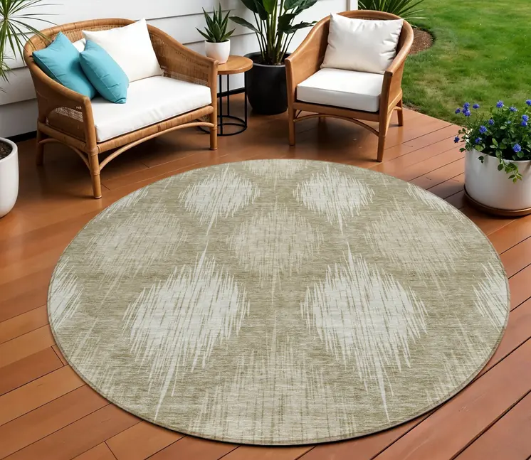 8' Taupe And Beige Round Ikat Washable Indoor Outdoor Area Rug