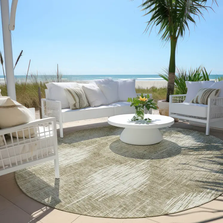 8' Taupe And Beige Round Ikat Washable Indoor Outdoor Area Rug