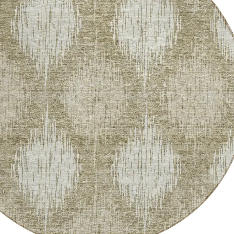 8' Taupe And Beige Round Ikat Washable Indoor Outdoor Area Rug
