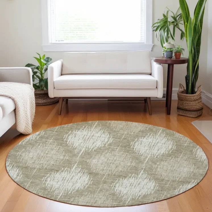 8' Taupe And Beige Round Ikat Washable Indoor Outdoor Area Rug