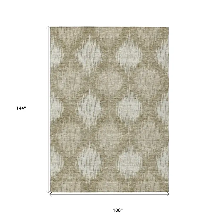 9' X 12' Taupe And Beige Ikat Washable Indoor Outdoor Area Rug